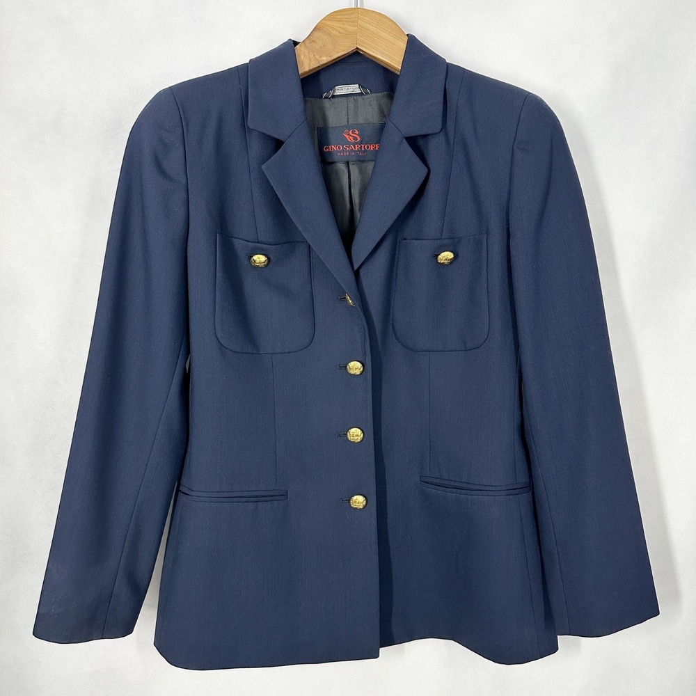 Vintage‎ Gino Sartore 100% Wool Navy Blue Gold Button Blazer Women's Size 10